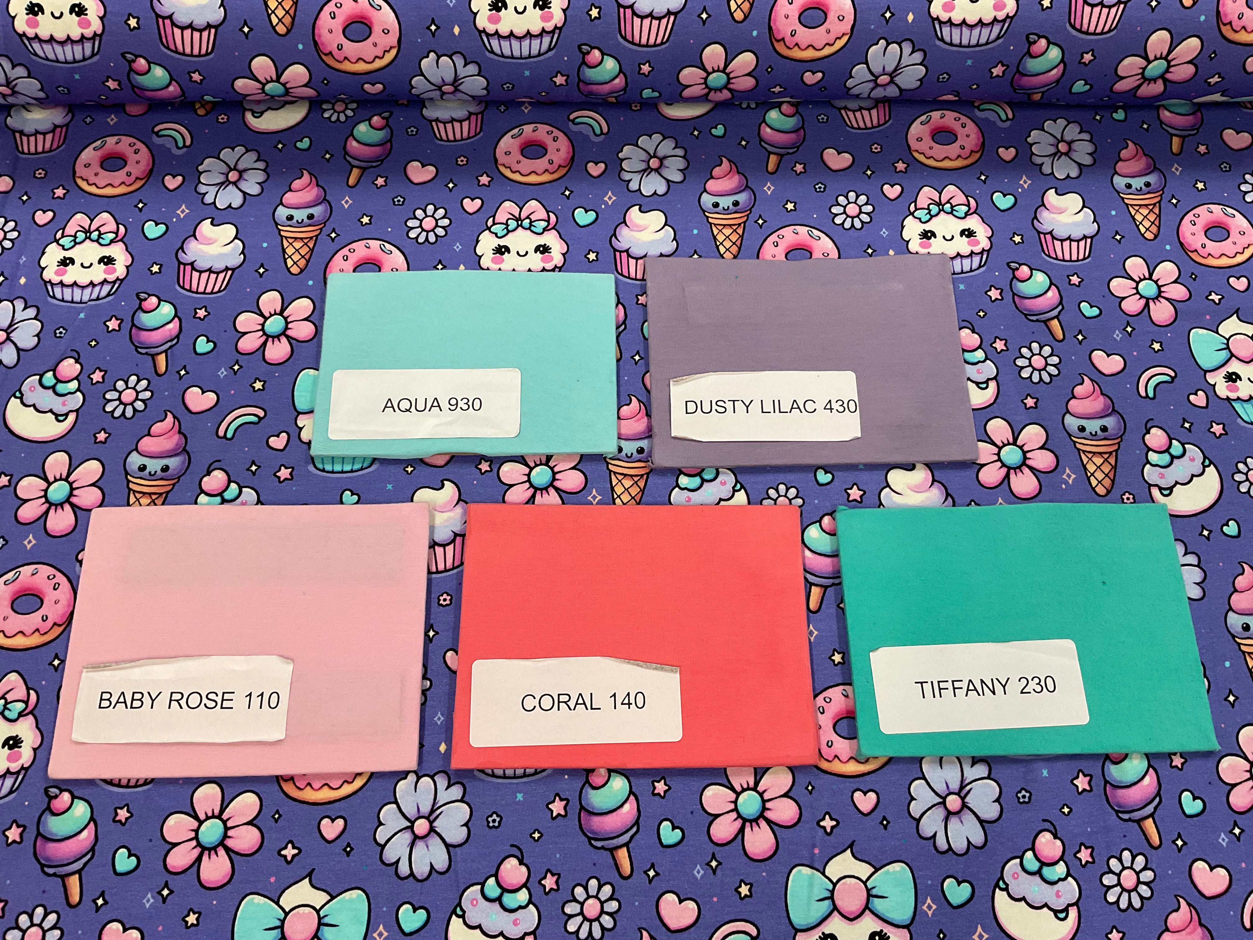 Sweet Treats on Lavender Cotton Jersey Fabric