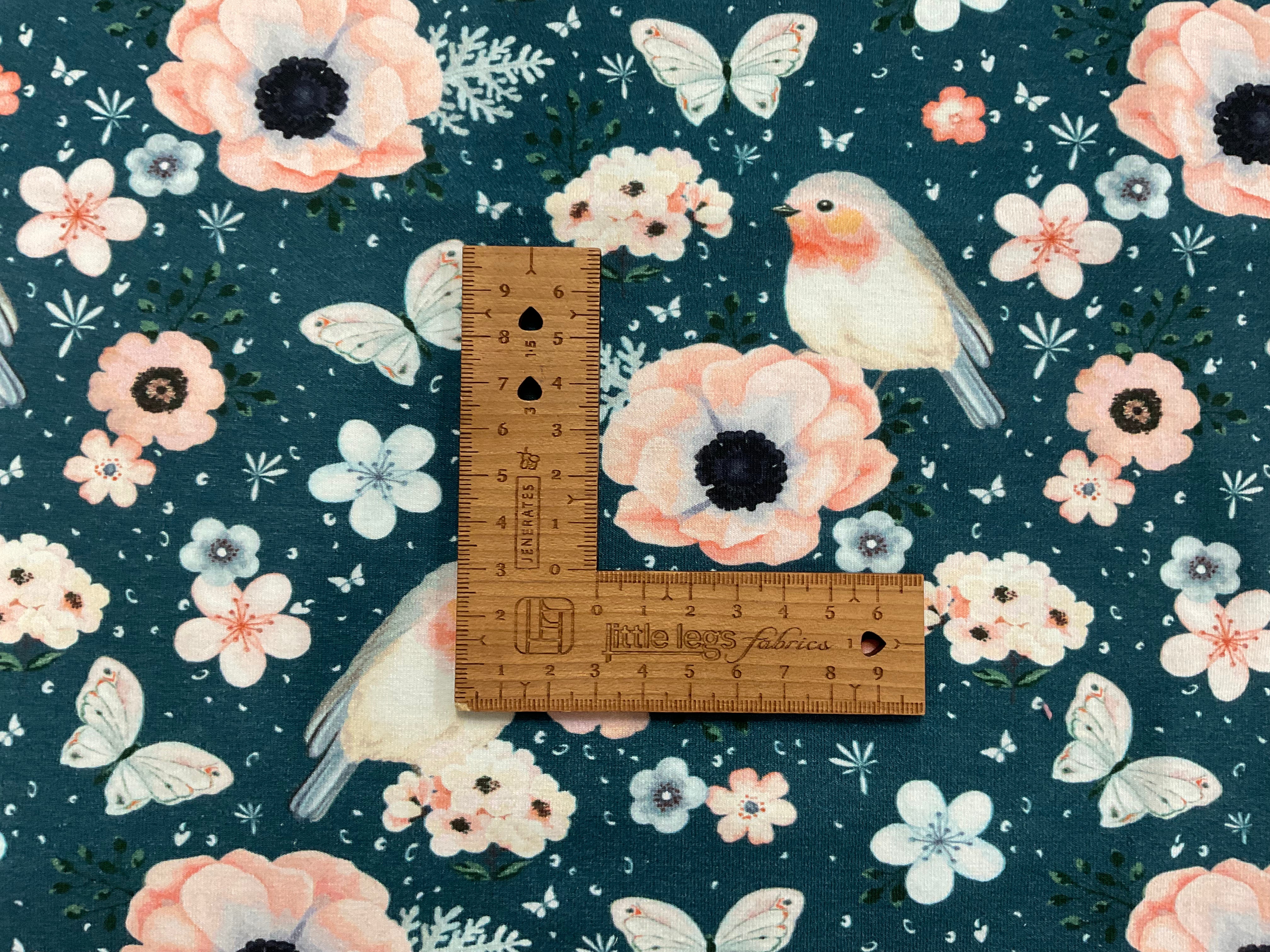 Floral Robbins on Dark Petrol Cotton Jersey Fabric