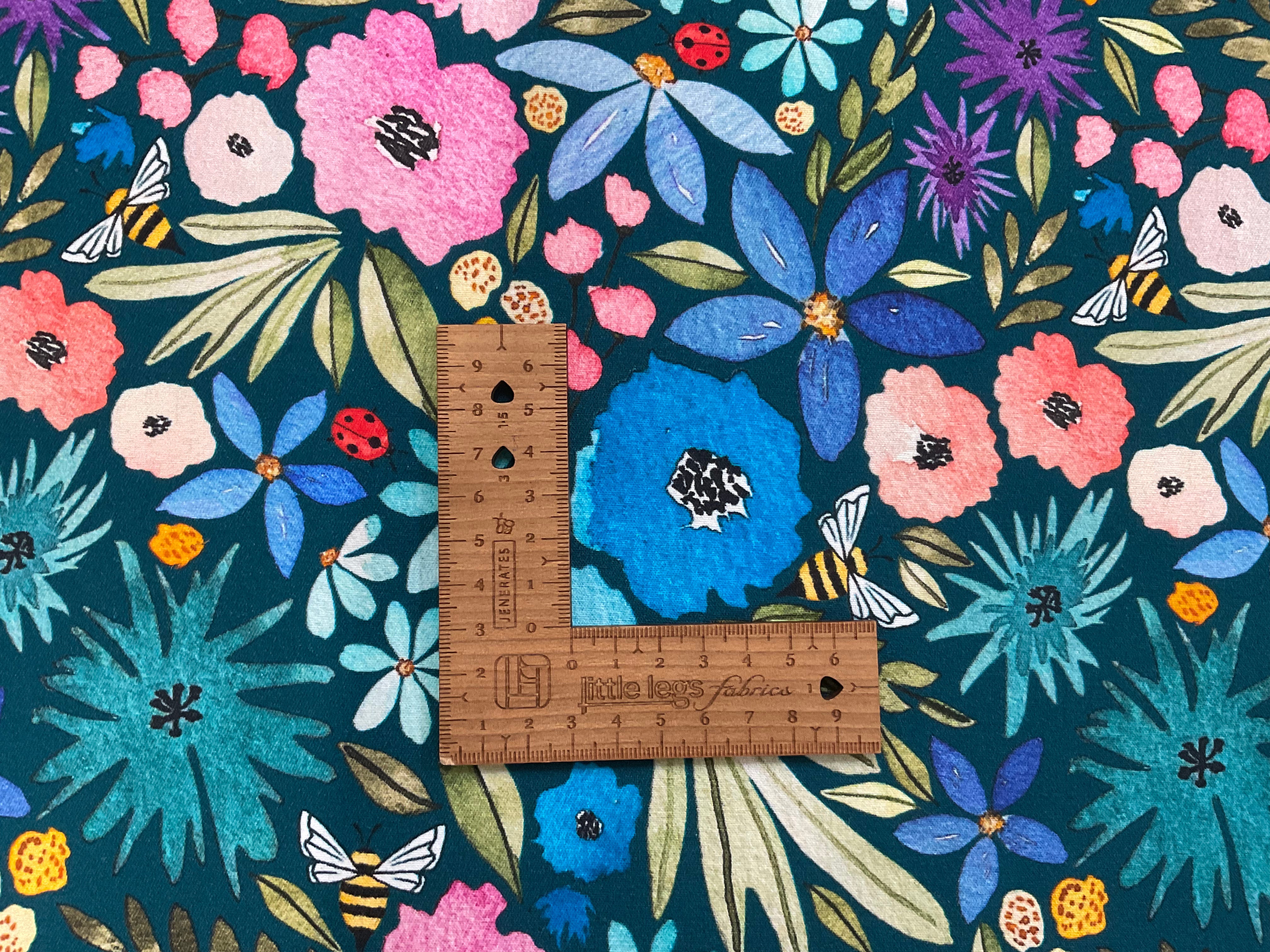 Rainbow Floral On Petrol Cotton Canvas Twill