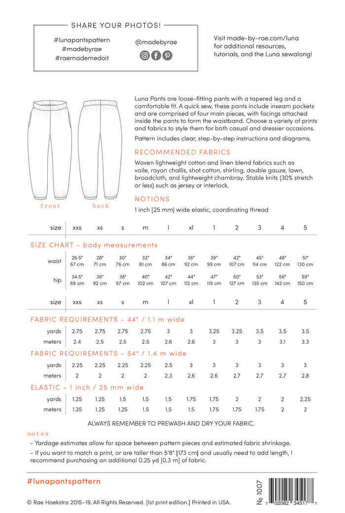 Made by Rae - Luna Pants Paper Sewing Pattern Sizes xxs - xl & Plus Sizes 1 -5