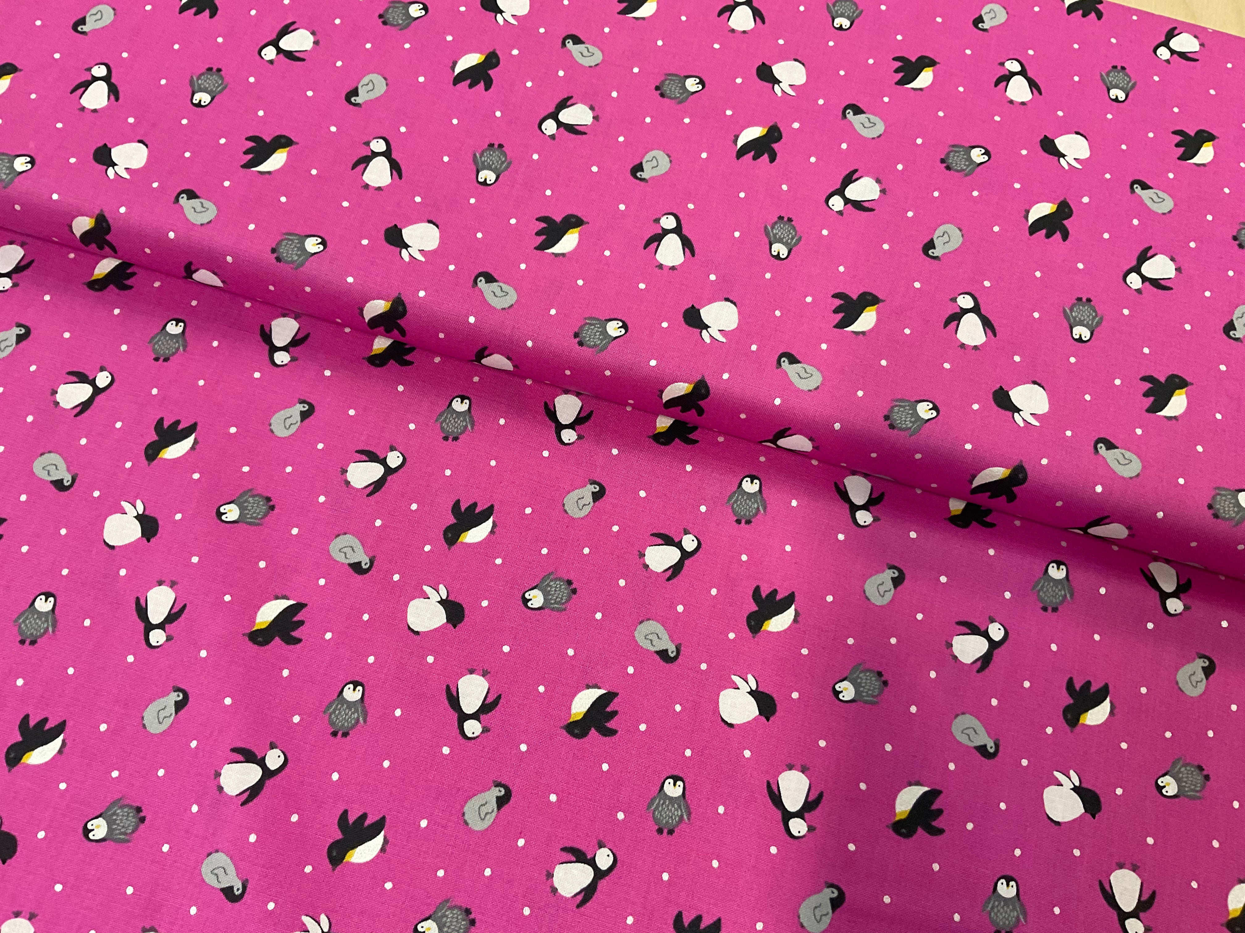 SALE - Fluffy Penguins on Pink Lewis And Irene Cotton