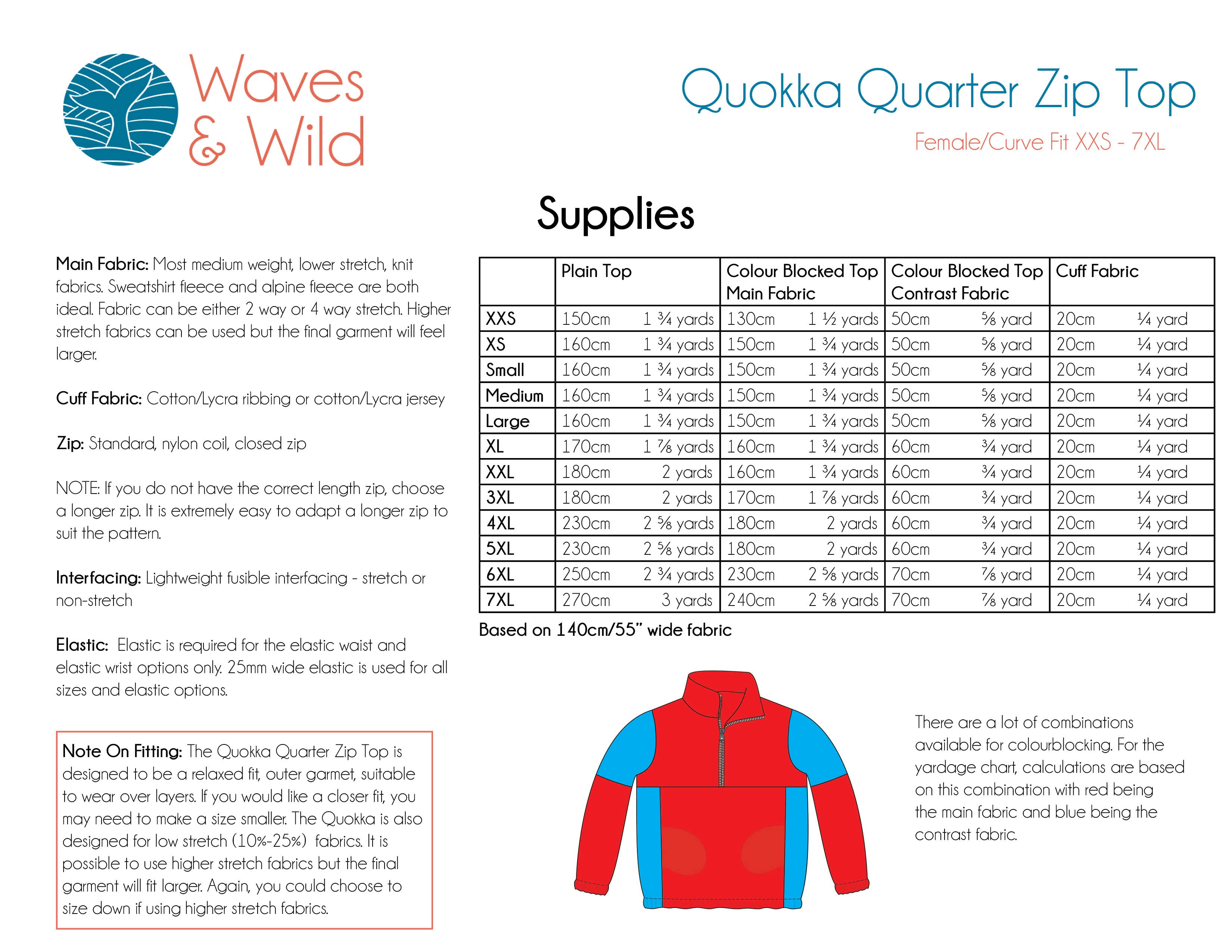 Quokka Quarter Zip Top Adult Female/Curve Fit Waves and Wilds Paper Pattern