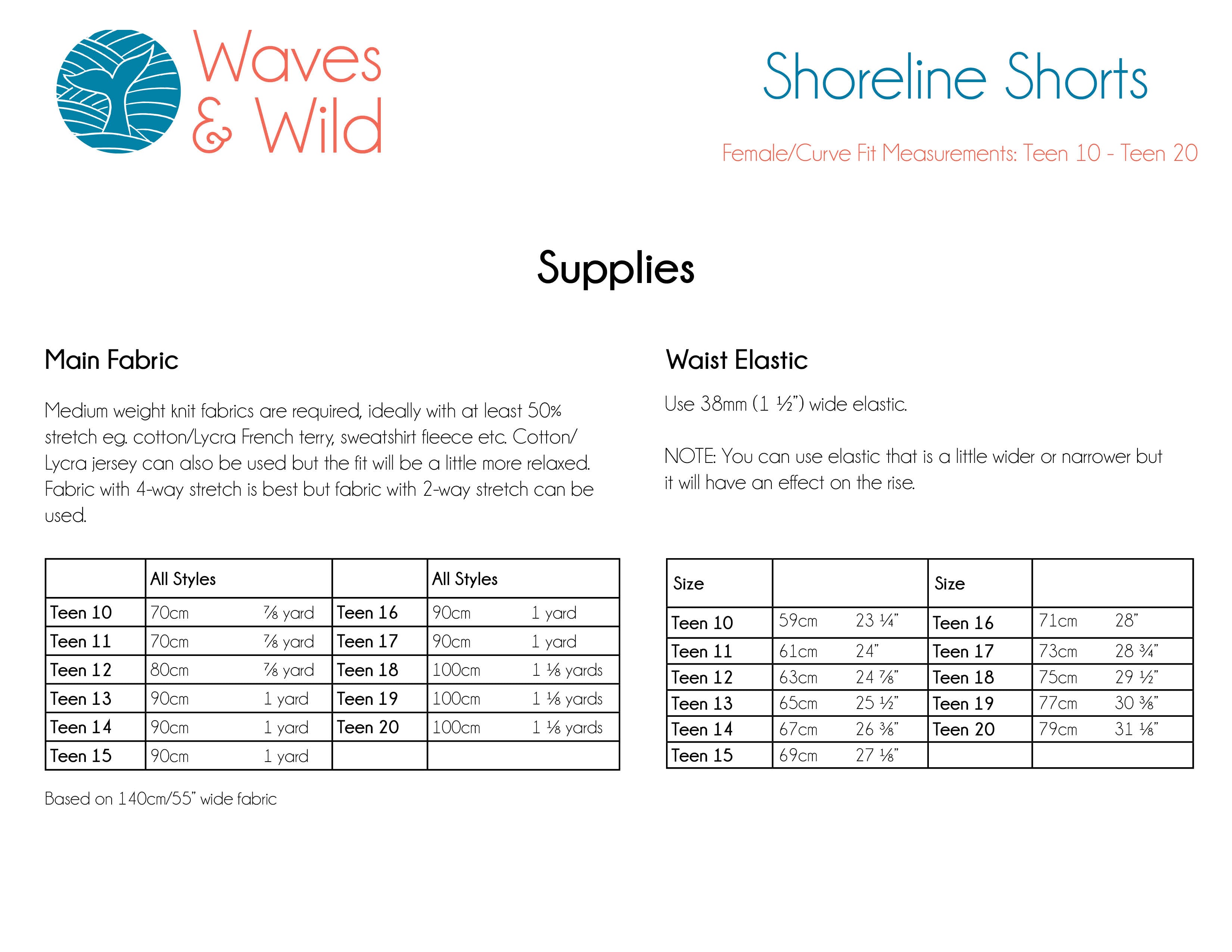 Shoreline Shorts Female/Curve Fit Teen Waves and Wilds Paper Pattern