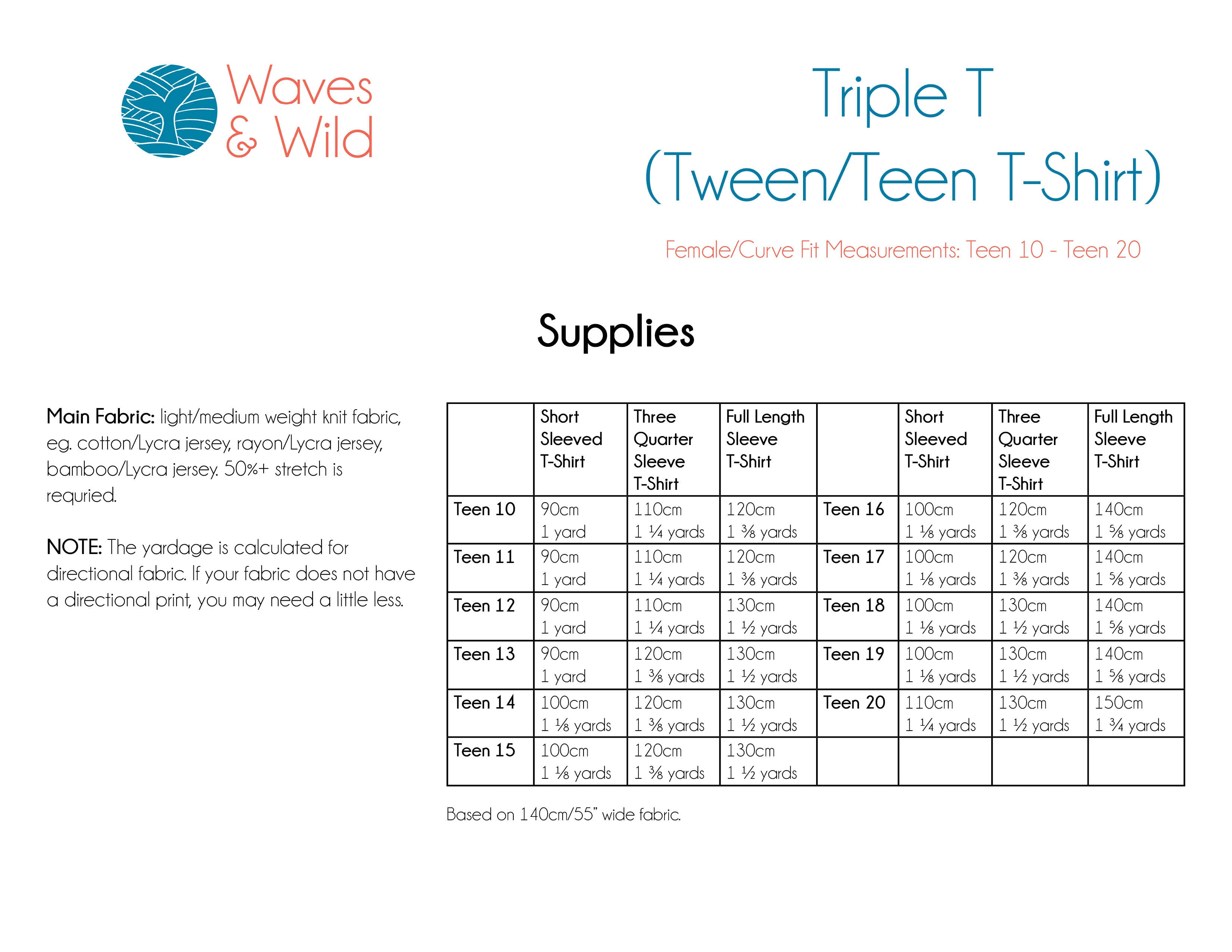 Triple T Tween/Teen Female/Curve Fit T-Shirt Waves and Wilds Paper Pattern