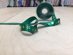 Bottle Green 25mm Gold Shiny Star Ribbon