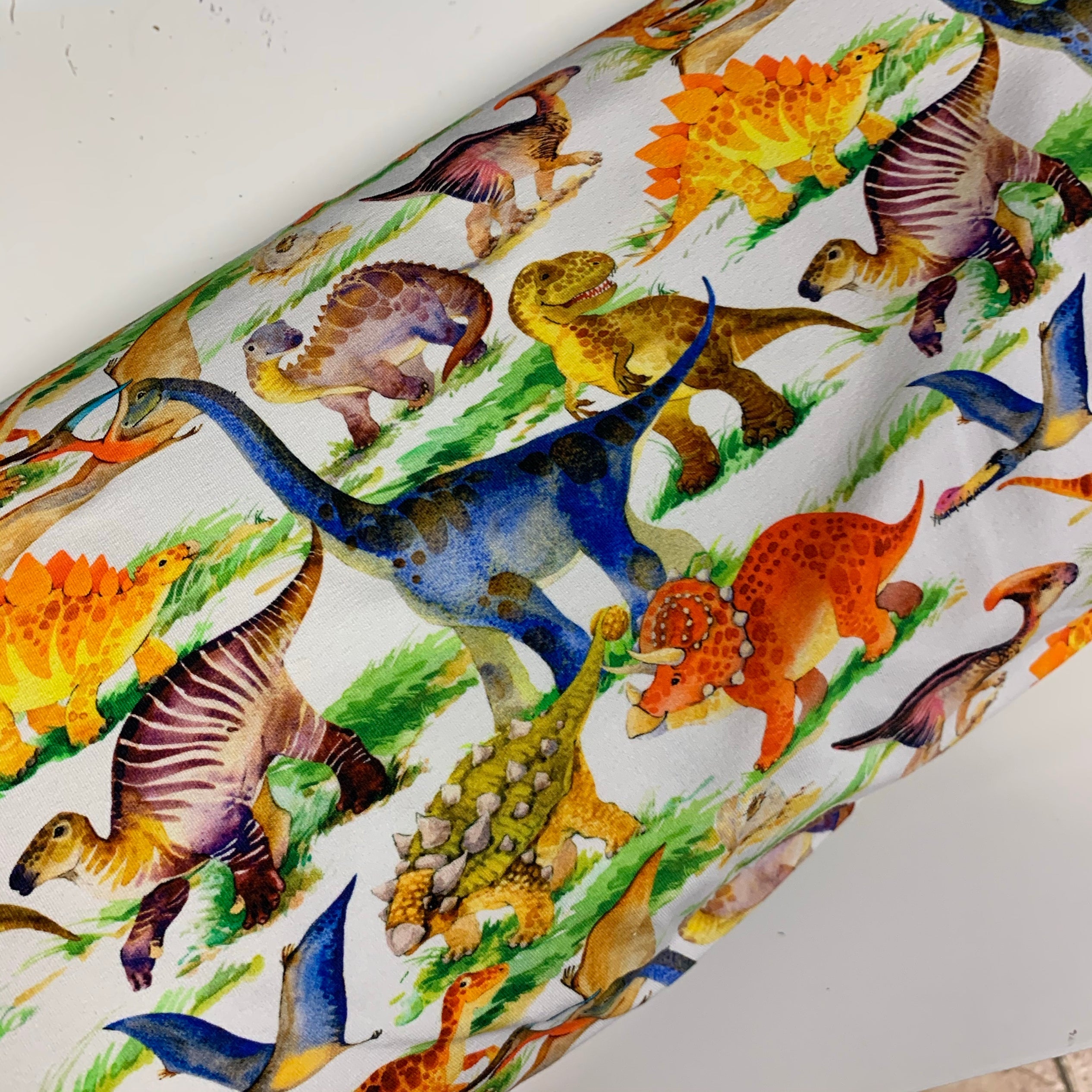 PRE ORDER Watercolour Dinosaurs Cotton Jersey - DUE IN STOCK END OF DECEMBER